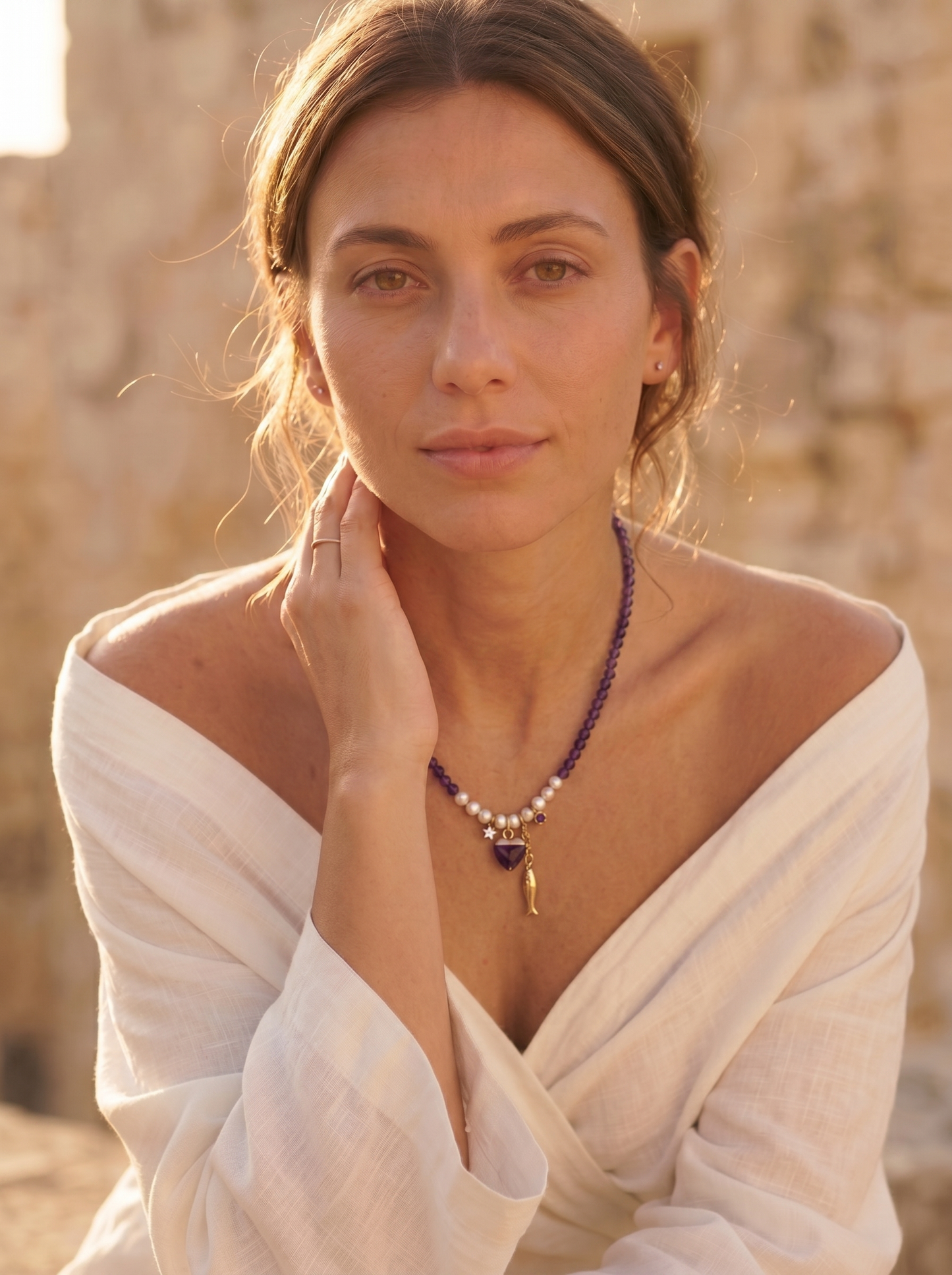 Sacred – שרשרת אמטיסט בשילוב פנינים